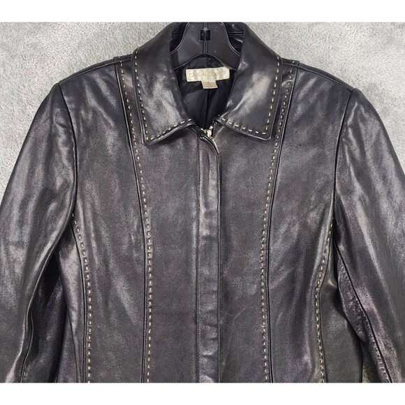 Casual Corner Leather Jacket Womens Small Black Retro Full Zip Long Sleeve Top - Picture 7 of 14